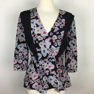 EUC Plenty by Tracy Reese Silk Heart Print Peplum Blouse Small